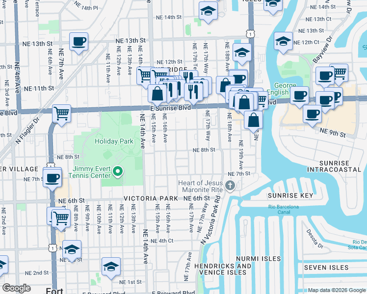 map of restaurants, bars, coffee shops, grocery stores, and more near 814 Northeast 17th Avenue in Fort Lauderdale