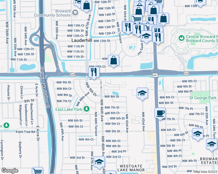 map of restaurants, bars, coffee shops, grocery stores, and more near 4450 Northwest 8th Court in Plantation