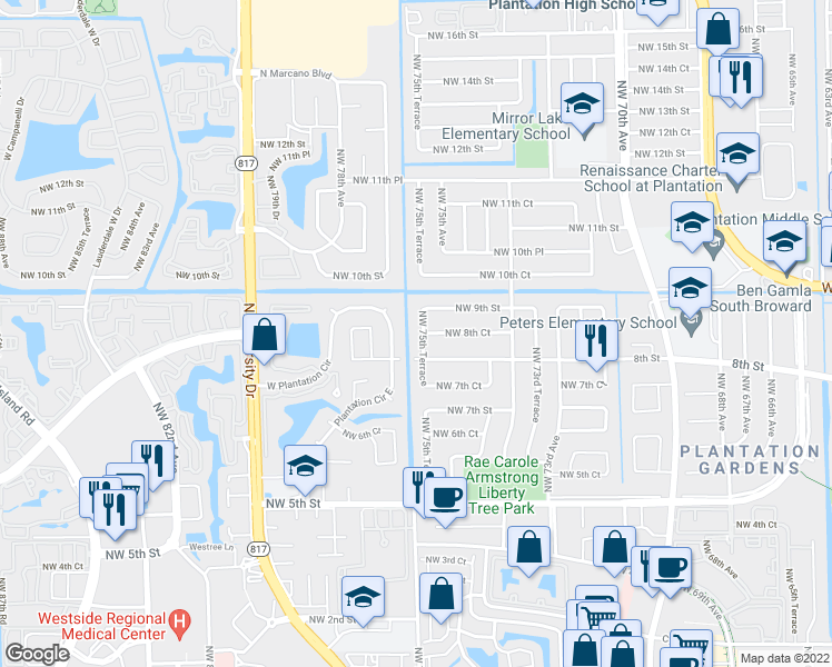 map of restaurants, bars, coffee shops, grocery stores, and more near 7541 Northwest 8th Court in Plantation