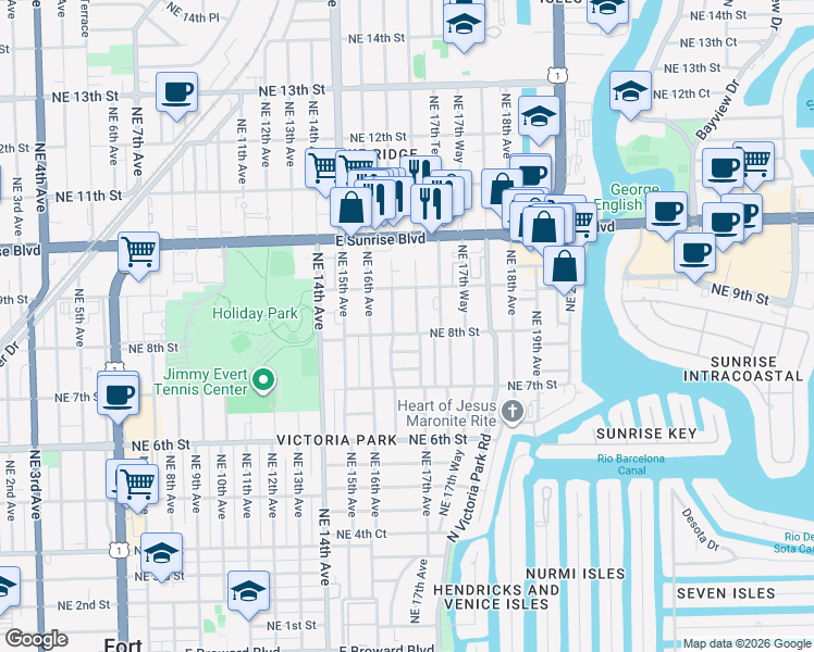map of restaurants, bars, coffee shops, grocery stores, and more near 814 Northeast 17th Avenue in Fort Lauderdale