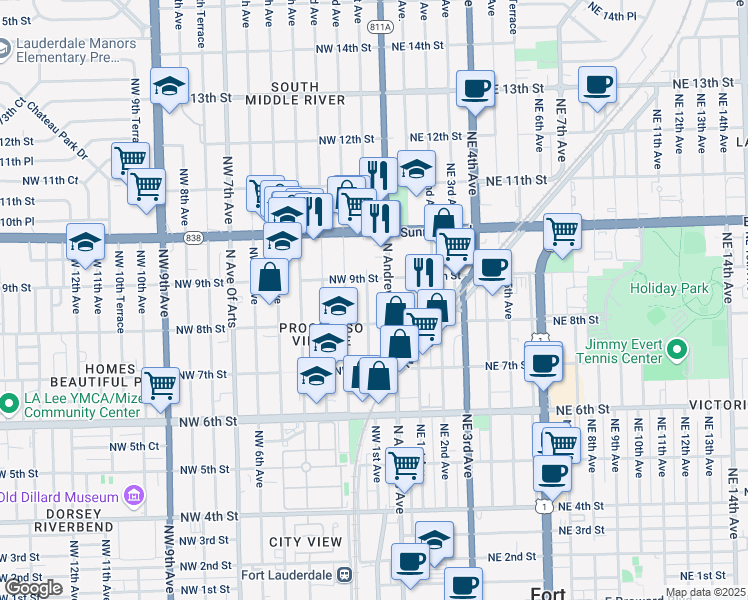 map of restaurants, bars, coffee shops, grocery stores, and more near 835 Northwest 1st Avenue in Fort Lauderdale