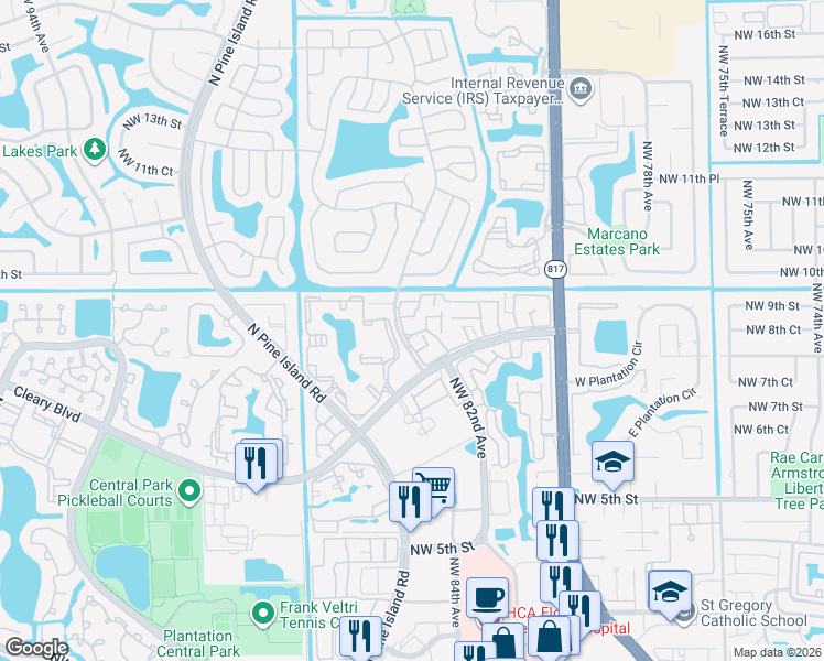 map of restaurants, bars, coffee shops, grocery stores, and more near 8218 Northwest 9th Street in Plantation