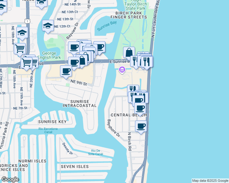 map of restaurants, bars, coffee shops, grocery stores, and more near 777 Bayshore Drive in Fort Lauderdale