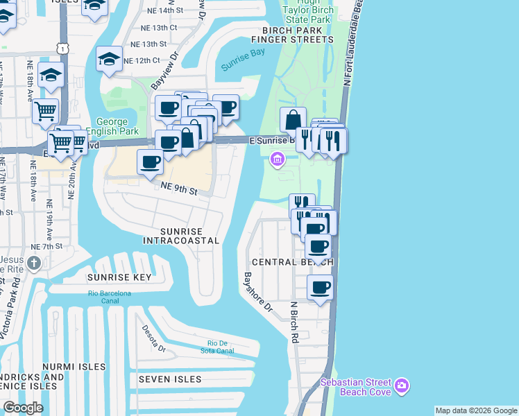 map of restaurants, bars, coffee shops, grocery stores, and more near 777 Bayshore Drive in Fort Lauderdale