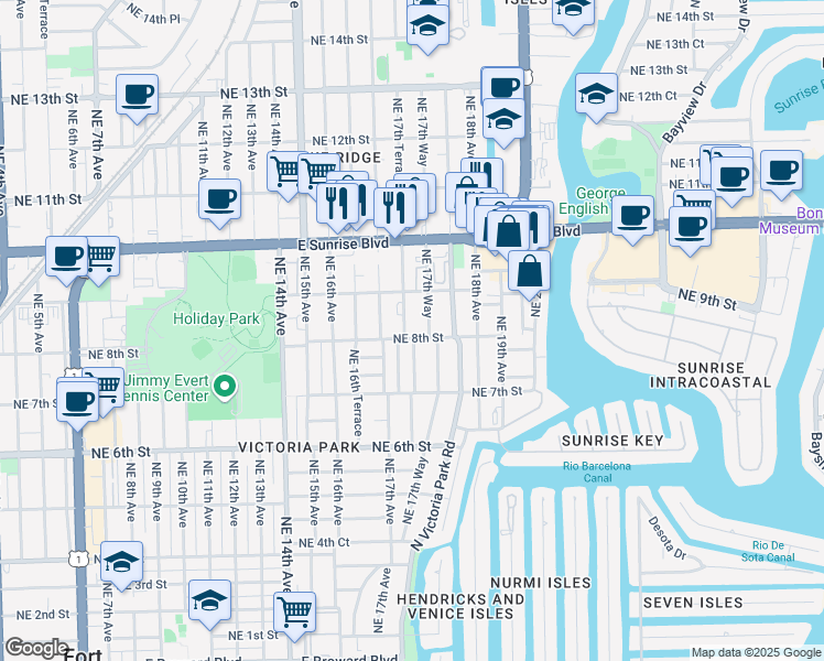 map of restaurants, bars, coffee shops, grocery stores, and more near 815 Northeast 17th Way in Fort Lauderdale