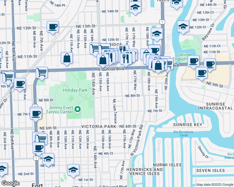 map of restaurants, bars, coffee shops, grocery stores, and more near 817 Northeast 16th Terrace in Fort Lauderdale