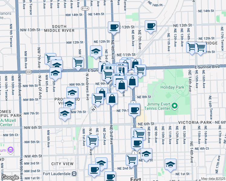 map of restaurants, bars, coffee shops, grocery stores, and more near 833 Northeast 4th Avenue in Fort Lauderdale