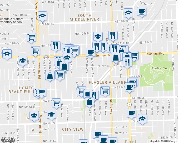 map of restaurants, bars, coffee shops, grocery stores, and more near 835 Northwest 1st Avenue in Fort Lauderdale