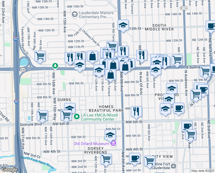 map of restaurants, bars, coffee shops, grocery stores, and more near 844 Northwest 10th Terrace in Fort Lauderdale