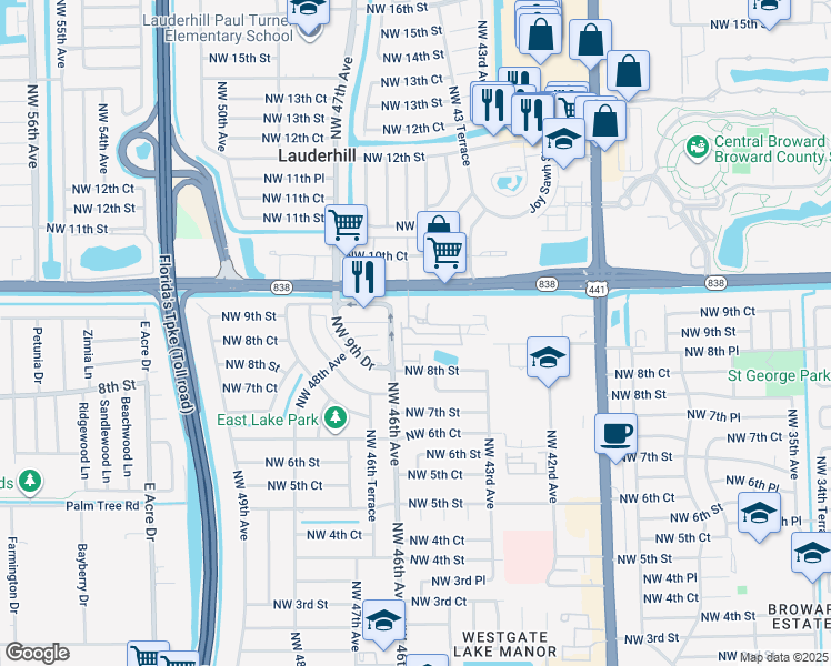map of restaurants, bars, coffee shops, grocery stores, and more near 4450 Northwest 8th Court in Plantation