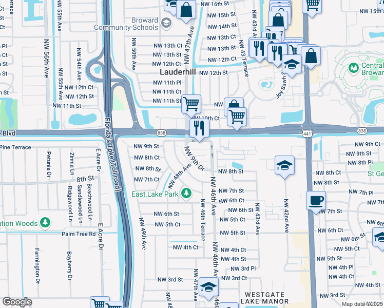 map of restaurants, bars, coffee shops, grocery stores, and more near 4852 Northwest 9th Drive in Plantation
