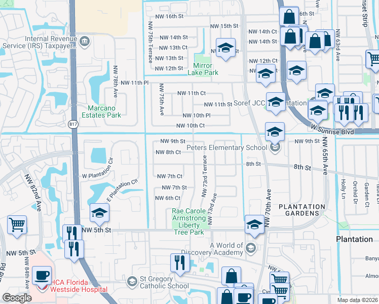 map of restaurants, bars, coffee shops, grocery stores, and more near 7401 Northwest 8th Court in Plantation