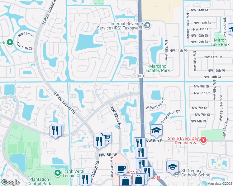 map of restaurants, bars, coffee shops, grocery stores, and more near 8186 Northwest 8th Place in Plantation