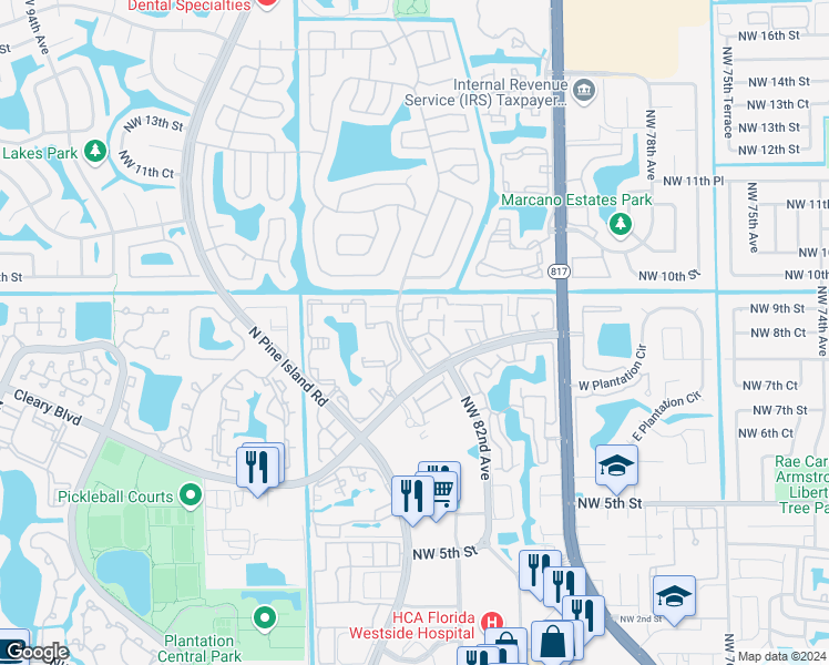 map of restaurants, bars, coffee shops, grocery stores, and more near 8218 Northwest 9th Street in Plantation