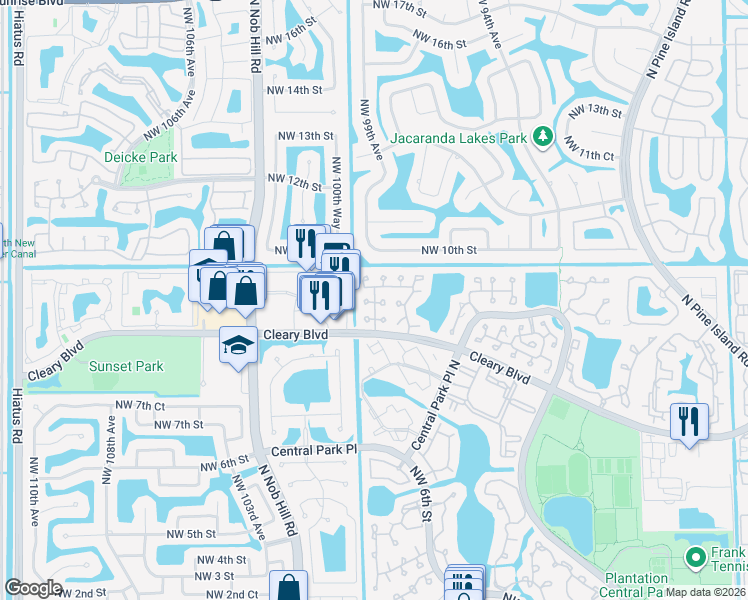 map of restaurants, bars, coffee shops, grocery stores, and more near 9904 Northwest 9th Court in Plantation