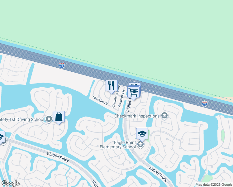 map of restaurants, bars, coffee shops, grocery stores, and more near 1549 Barcelona Way in Weston