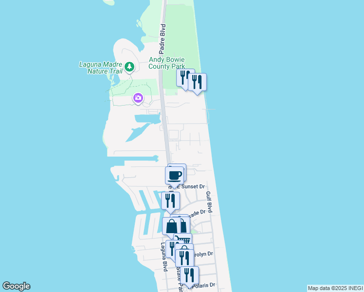 map of restaurants, bars, coffee shops, grocery stores, and more near 6501 Fountain Way in South Padre Island