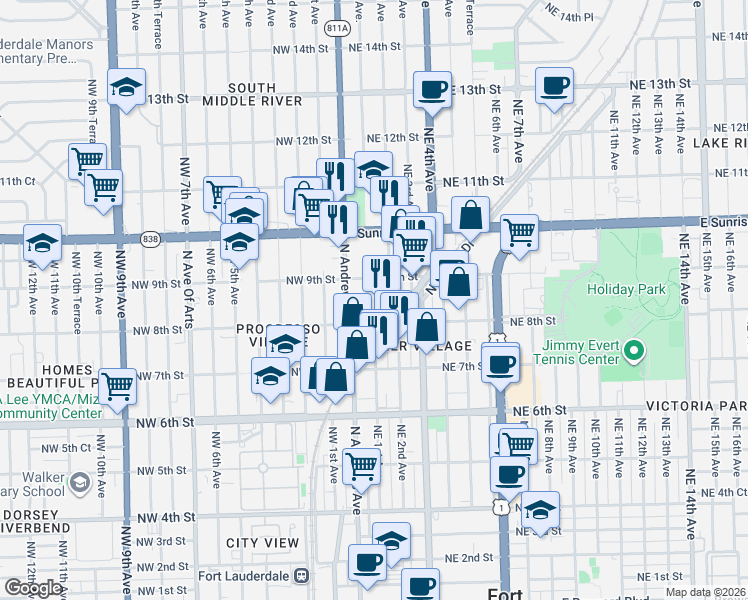 map of restaurants, bars, coffee shops, grocery stores, and more near 829 Northeast 1st Avenue in Fort Lauderdale