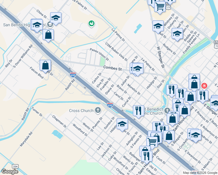 map of restaurants, bars, coffee shops, grocery stores, and more near 534 Diana Street in San Benito
