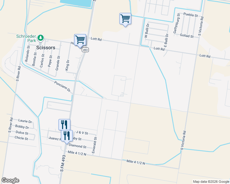 map of restaurants, bars, coffee shops, grocery stores, and more near 2709 Xalapa Street in Donna