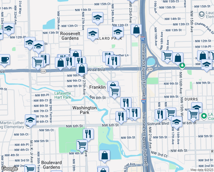 map of restaurants, bars, coffee shops, grocery stores, and more near in Franklin Park