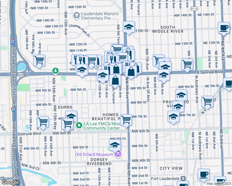 map of restaurants, bars, coffee shops, grocery stores, and more near 844 Northwest 10th Terrace in Fort Lauderdale
