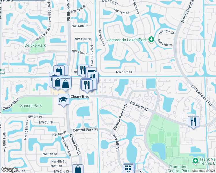 map of restaurants, bars, coffee shops, grocery stores, and more near 843 Northwest 98th Avenue in Plantation