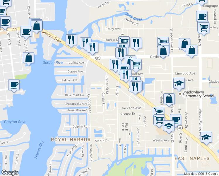 map of restaurants, bars, coffee shops, grocery stores, and more near 2023 Mills Lane in Naples