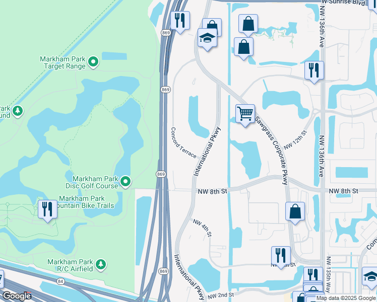 map of restaurants, bars, coffee shops, grocery stores, and more near 1300 Concord Terrace in Sunrise