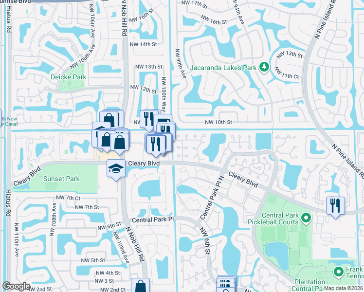 map of restaurants, bars, coffee shops, grocery stores, and more near 9904 Northwest 9th Court in Plantation
