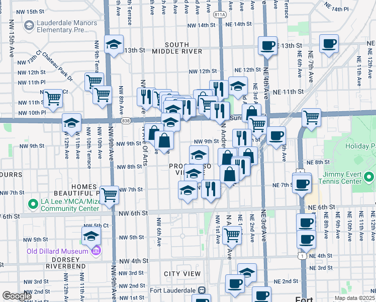 map of restaurants, bars, coffee shops, grocery stores, and more near 836 Northwest 3rd Avenue in Fort Lauderdale