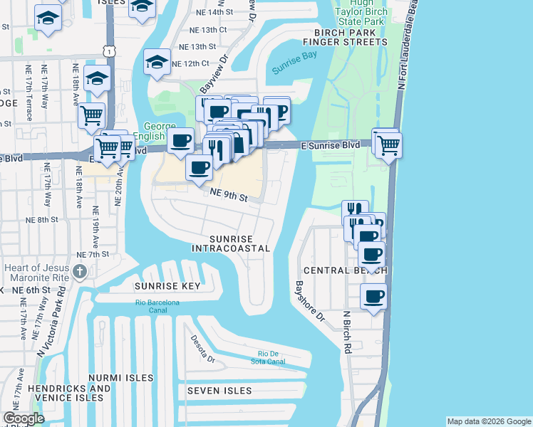 map of restaurants, bars, coffee shops, grocery stores, and more near 2609 Northeast 8th Street in Fort Lauderdale