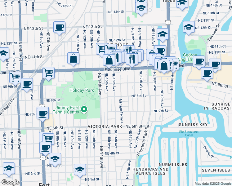 map of restaurants, bars, coffee shops, grocery stores, and more near 817 Northeast 16th Terrace in Fort Lauderdale
