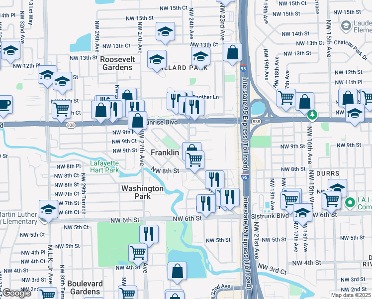 map of restaurants, bars, coffee shops, grocery stores, and more near in Franklin Park