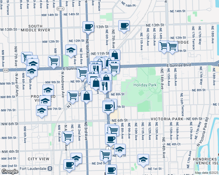 map of restaurants, bars, coffee shops, grocery stores, and more near 840 North Federal Highway in Fort Lauderdale