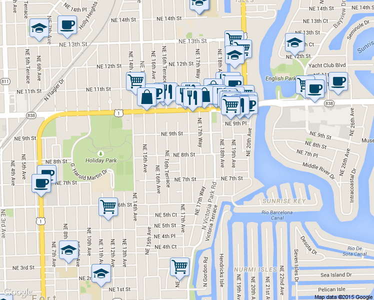 map of restaurants, bars, coffee shops, grocery stores, and more near 814 Northeast 17th Avenue in Fort Lauderdale