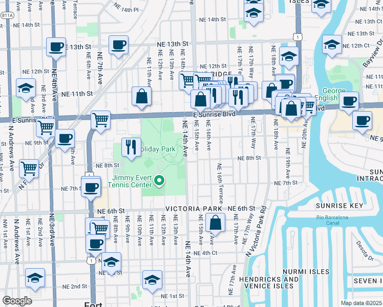 map of restaurants, bars, coffee shops, grocery stores, and more near 816 Northeast 15th Avenue in Fort Lauderdale
