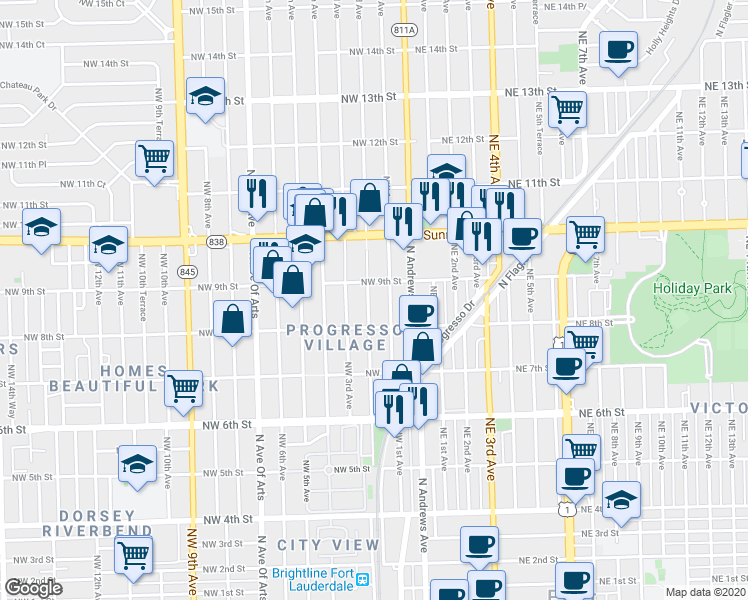 map of restaurants, bars, coffee shops, grocery stores, and more near 836 Northwest 3rd Avenue in Fort Lauderdale