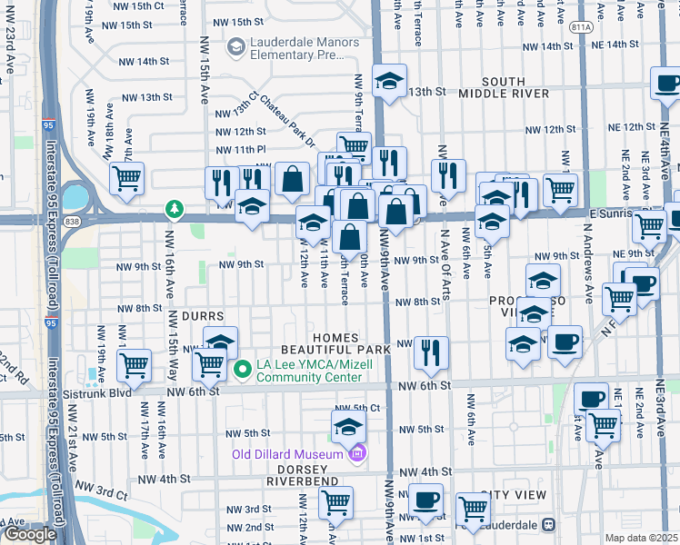 map of restaurants, bars, coffee shops, grocery stores, and more near 844 Northwest 10th Terrace in Fort Lauderdale