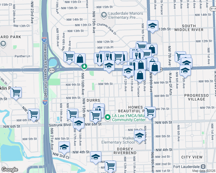 map of restaurants, bars, coffee shops, grocery stores, and more near 844 Northwest 14th Avenue in Fort Lauderdale