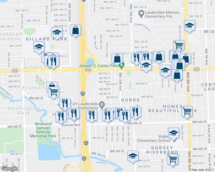 map of restaurants, bars, coffee shops, grocery stores, and more near 1716 Northwest 9th Street in Fort Lauderdale