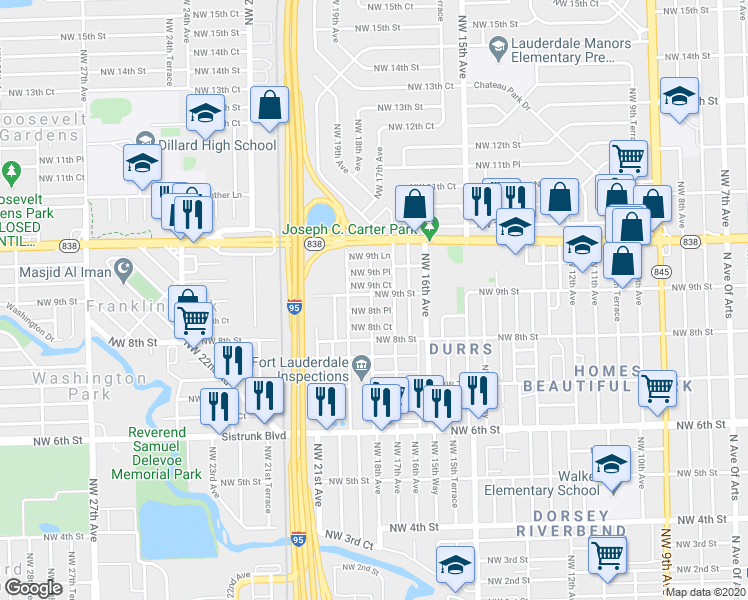 map of restaurants, bars, coffee shops, grocery stores, and more near 1716 Northwest 9th Street in Fort Lauderdale