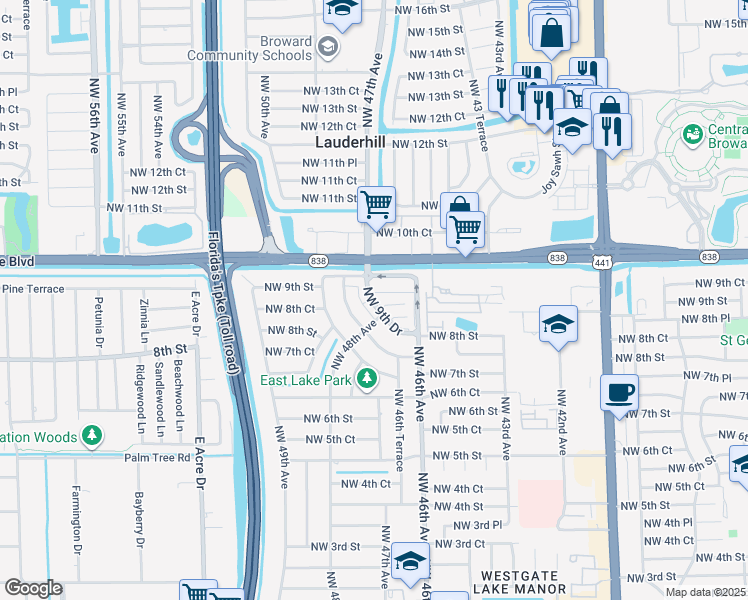 map of restaurants, bars, coffee shops, grocery stores, and more near 4852 Northwest 9th Drive in Plantation