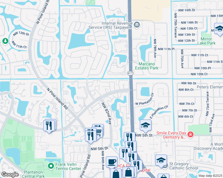 map of restaurants, bars, coffee shops, grocery stores, and more near 832 Northwest 81st Terrace in Plantation