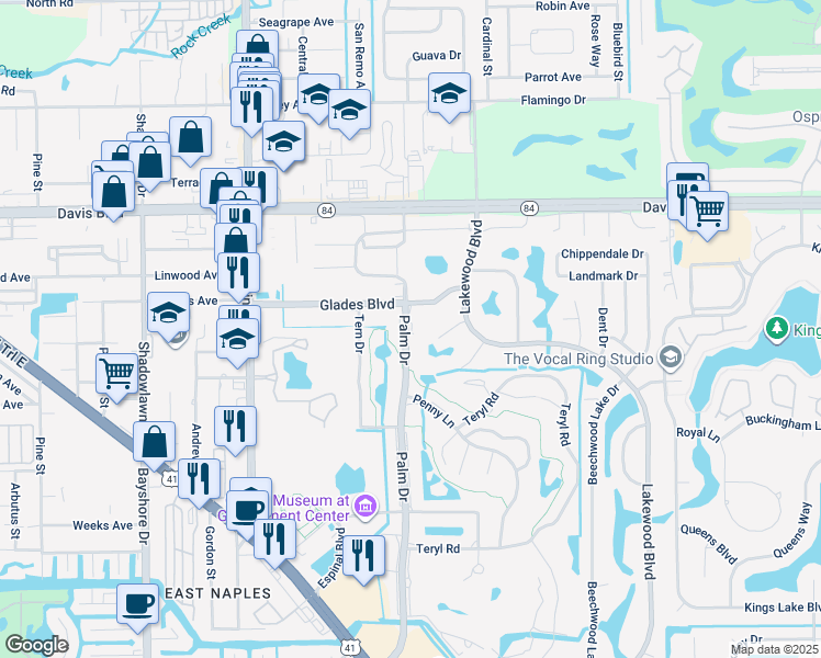 map of restaurants, bars, coffee shops, grocery stores, and more near 372 Palm Drive in Naples