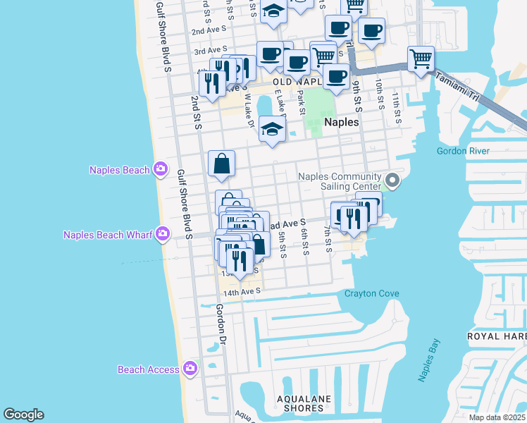 map of restaurants, bars, coffee shops, grocery stores, and more near 391 11th Avenue South in Naples