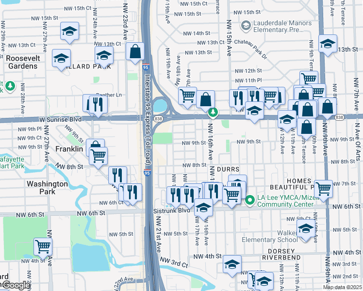 map of restaurants, bars, coffee shops, grocery stores, and more near 1716 Northwest 9th Street in Fort Lauderdale