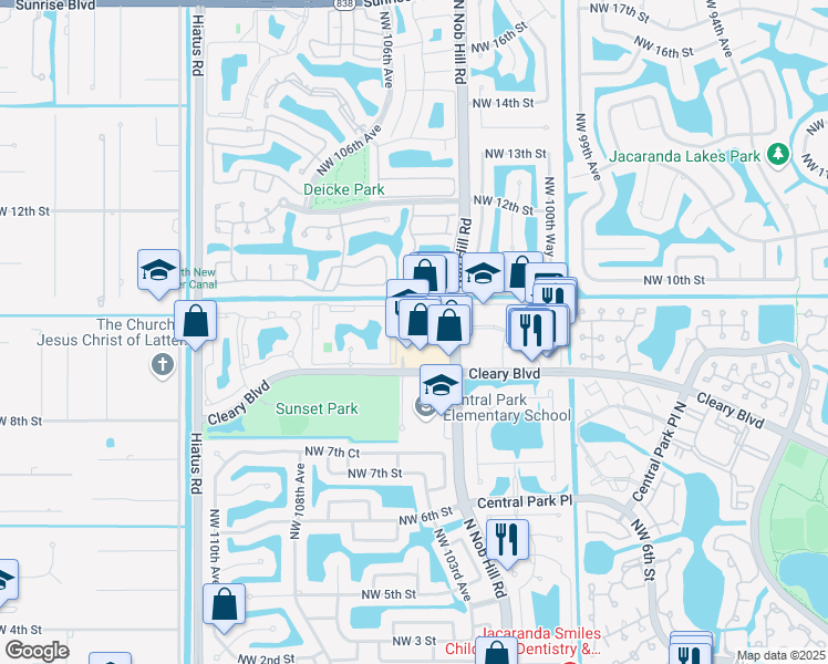 map of restaurants, bars, coffee shops, grocery stores, and more near 879 North Nob Hill Road in Plantation