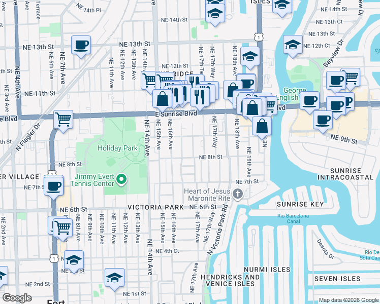 map of restaurants, bars, coffee shops, grocery stores, and more near 814 Northeast 17th Avenue in Fort Lauderdale