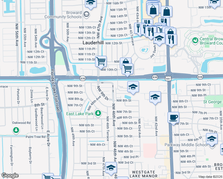 map of restaurants, bars, coffee shops, grocery stores, and more near 839 Northwest 46th Avenue in Plantation